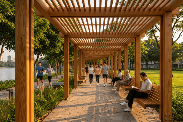 Pergola gỗ thông ngoài trời Lavie Pine cho công viên cảnh quan