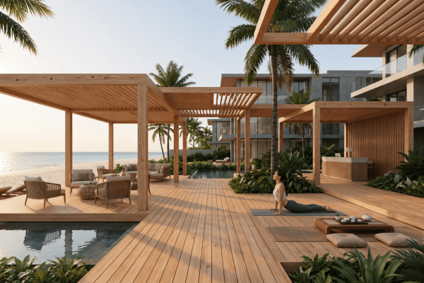 Pergola gỗ thông ngoài trời Lavie Pine cho khu nghỉ dưỡng