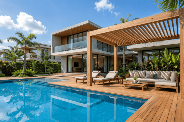 Pergola gỗ thông ngoài trời Lavie Pine cho hồ bơi biệt thự