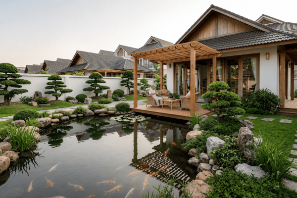 Pergola gỗ thông ngoài trời Lavie Pine cho hồ cá Koi
