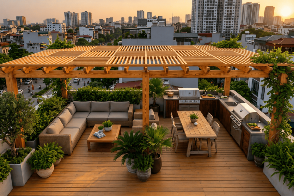 Pergola gỗ thông ngoài trời Lavie Pine cho sân thượng