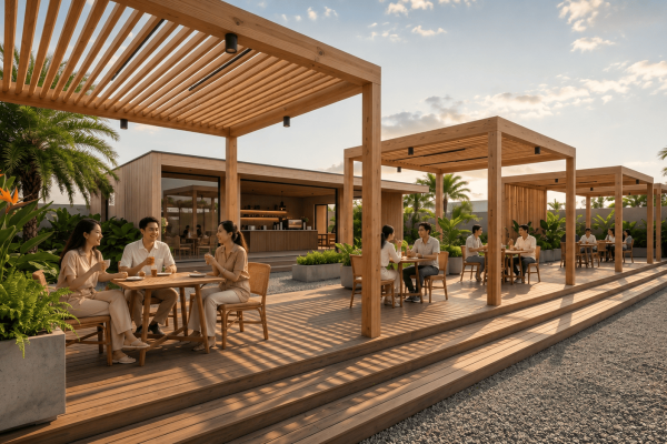Pergola gỗ thông ngoài trời Lavie Pine cho quán café sân vườn