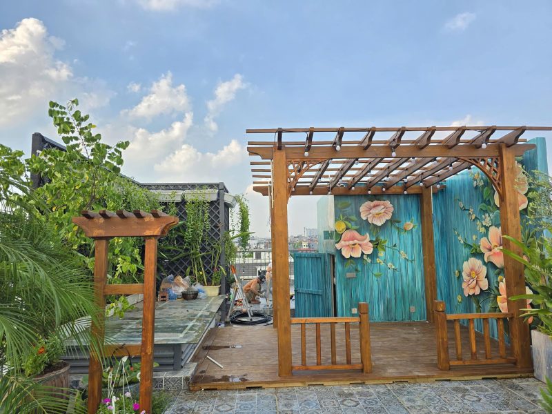 pergola giàn lam mái gỗ thông ngoài trời